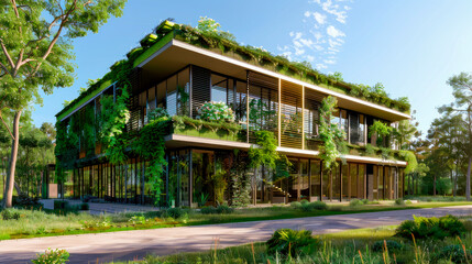 Contemporary green building. Green modern building with plants growing on the facade.