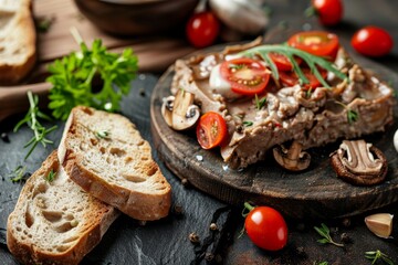 Fresh liver pate on rustic bread with cherry tomato and marinated mushrooms