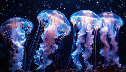  A group of bioluminescent jellyfish in the dark ocean, glowing light pink and blue in the style of National Geographic photography. Created with Ai - obrazy, fototapety, plakaty