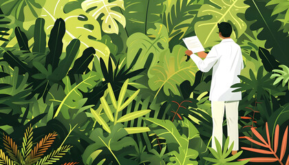 Clipart of a botanist studying plants in a lush tropical rainforest ar7 4 v6 0 Generative AI