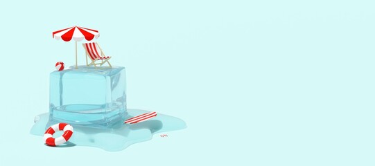 Refreshing summer vacation concept. Beach chair, umbrella and beach accessories on melting ice cube. Creative tropical background for postcard, flyer, poster. 3D illustration, copy space, banner.