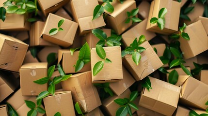 A pile of cardboard boxes, made from natural recyclable materials, is adorned with green sprouting leaves, illustrating eco-friendly packaging and zero waste practices