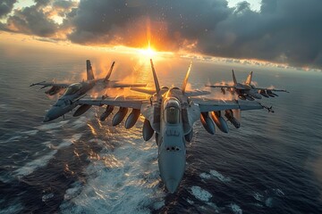 F-18 fighter jets in formation above the ocean waves against a vivid sunset, showcasing military might and freedom