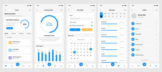 Profile Screen, Motivation Progress and Tracking, Activity Achievement Monitoring, Goals Tracker App UI Kit Template
