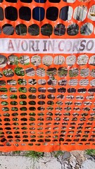 Red construction site net, written with text in Italian - WORK IN PROGRESS