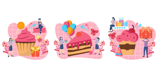 Flat Bundle Birthday Cupcake Design Illustration