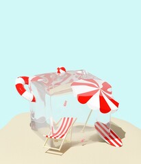Refreshing summer vacation concept. Beach chair, umbrella and beach accessories frozen in an ice cube. Creative tropical background for postcard, flyer, poster. 3D illustration, copy space, rendering.