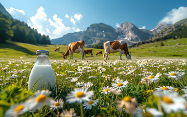 A organic milk producer image with a glass bottle of milk in the foreground and a in the background a beautiful alpine landscape, cows to grazing.