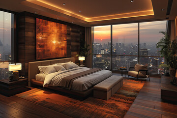 High bedroom overlooking the city, sunset orange light shining on the wall painting of the earth and moon in the distance, modern style decorative paintings in the style of various artists. 