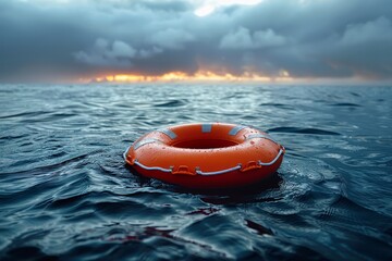 Fototapeta na wymiar An orange lifebuoy adrift in a dark, moody sea as the sun sets in the background, evoking a sense of isolation