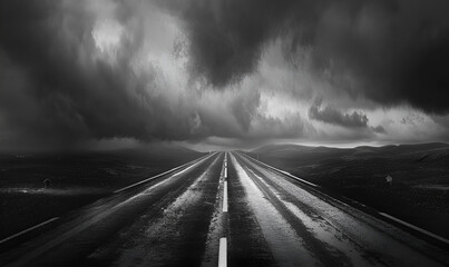 An empty road in the middle of the field in the style of boldly black and white, An empty highway with a dark sky in the background

 - obrazy, fototapety, plakaty