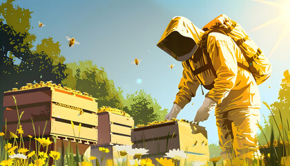 Clipart of a beekeeper tending to beehives in a sunlit apiary ar7 4 v6 0 Generative AI - obrazy, fototapety, plakaty