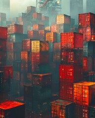 A visually striking composition featuring a complex arrangement of cargo containers in varying sizes and shapes , 3DCG,high resulution,clean sharp focus