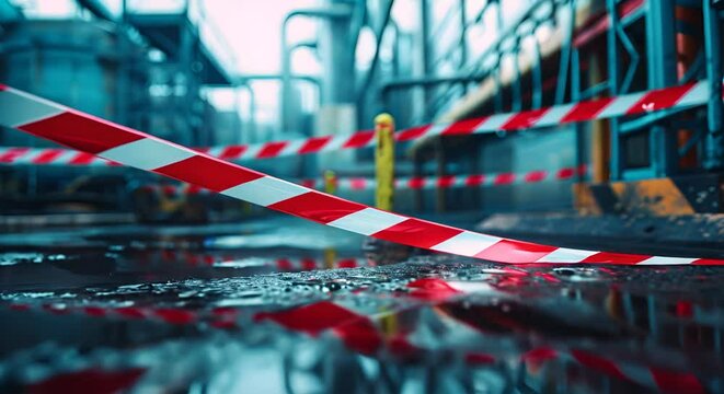 Safety barrier tape cordoning off a hazard area, factory scene softly out of focus