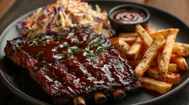 A mouthwatering plate of tender beef and barbq sauce, with a side of crispy golden fries and a tangy coleslaw salad ,close-up,ultra HD,digital photography
