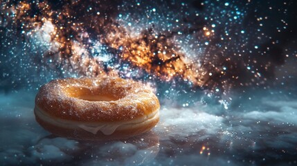 Design an otherworldly landscape featuring a towering donut tower within a starry space filled with glowing constellations ,close-up,ultra HD,digital photography