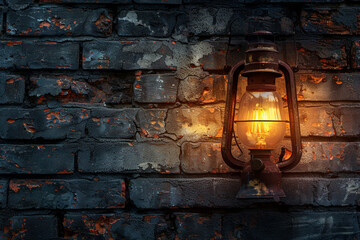 Lantern on the old brick wall background. Vintage style, Generative Ai