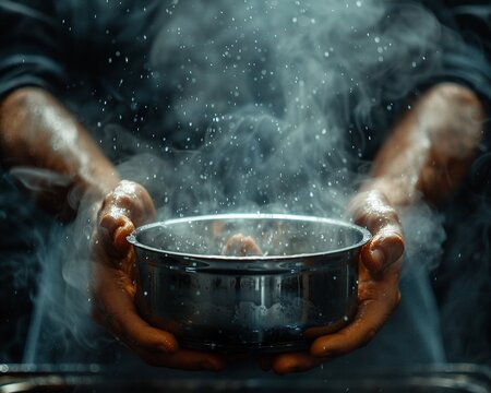 Hands delicately manipulating ingredients in a steaming pot ,close-up,ultra HD,digital photography
