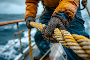 Close-up view of sailor's hands pulling a thick rope on a boat, showcasing strength and nautical skills - obrazy, fototapety, plakaty