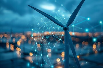 Wind turbine over cityscape at twilight with a futuristic digital network, symbolizing smart energy solutions