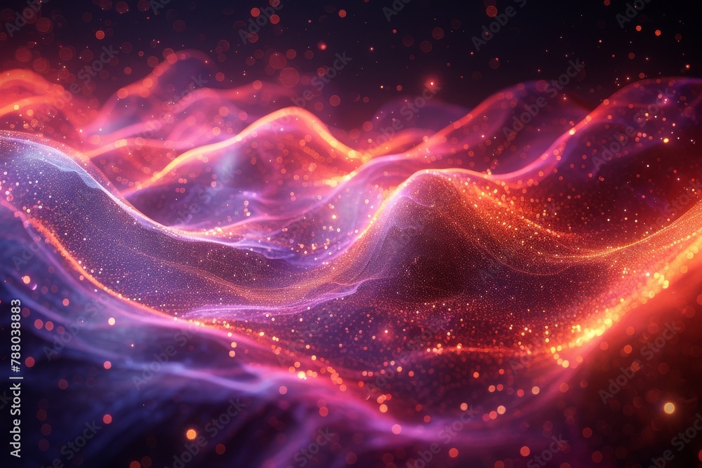 Poster this image displays an array of glowing neon waveforms with tiny particles, creating an illusion of 
