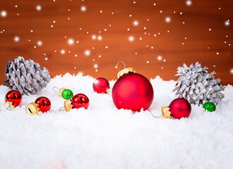 Fototapeta na wymiar Christmas background with decoration with snow white