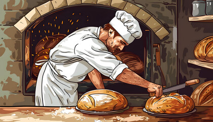 Clipart of a baker pulling out freshly baked bread from the oven filling the air with a delightful  Generative AI