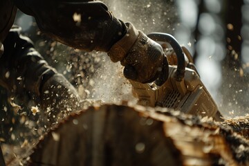 A lumberjack cutting wood in the forest, close-up on hands and chainsaw, dynamic sawdust flying - obrazy, fototapety, plakaty