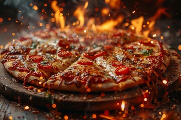 A perfectly cooked pizza slice, its melted cheese, fiery sparks backdrop indicating fresh out of the oven