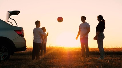 child kid crush father traveling sunset, happy family, joyful cheerful family with child, enjoying...