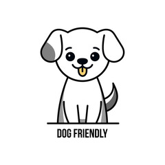Cute Dog in flat style with Dog friendly text on white background. Design element for cafe and shop.