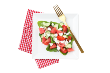 PNG, Watermelon salad in a square bowl, isolated on white background