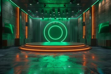 This vibrant image features a futuristic stage with a glowing neon green ring, suggesting advanced...
