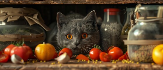 A curious gray cat with orange eyes surrounded by fresh kitchen ingredients on a rustic wooden shelf, giving a homely feel.