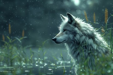 A stunning capture of a lone wolf in a rain-drenched natural habitat, portraying resilience and beauty