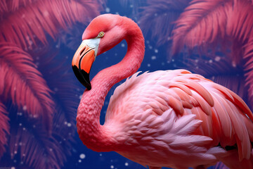 Flamingo in pink tropical leaf background