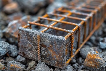 This image captures the texture and detail of rusty rebars secured within concrete blocks, showcasing the aging process of construction materials - obrazy, fototapety, plakaty