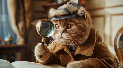 A curious cat dons detective attire and inspects closely with a magnifying glass, evoking mystery and exploration.