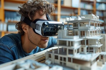 A focused architect closely inspecting a detailed 3D model of a modern house in an office setting