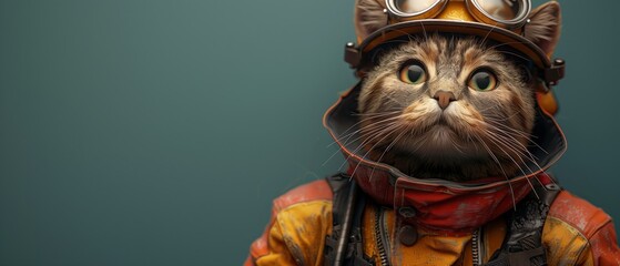 A curious cat dressed as a vintage firefighter looks intently, ready for adventure, against a solid teal backdrop.