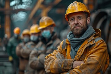 Serious male worker with a dirty yellow hardhat and folded arms