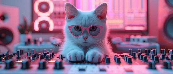 A white kitten acts as a DJ, with paws on a music mixing board, surrounded by vibrant neon lights...