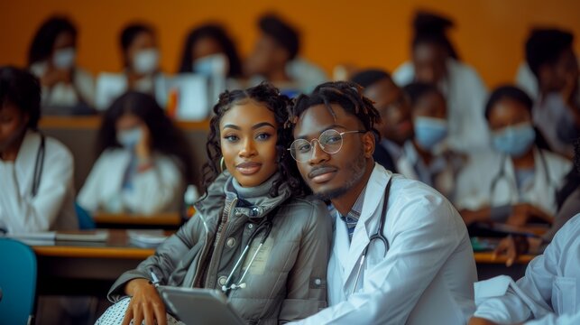 Young african couple of medical students, both wearing lab coats and sitting close in a classroom filled with fellow students wearing masks. They are focused and confident, embodying teamwork and dedi