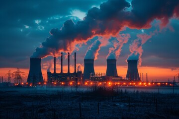 Dramatic cloudscape over industrial power plant emitting smoke against an orange and blue sunset sky reflects environmental issues - obrazy, fototapety, plakaty