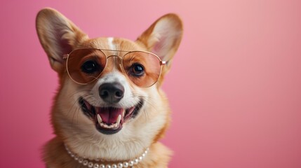 A fashionable Corgi dog dons trendy glasses and a pearl necklace, set against a pink background.