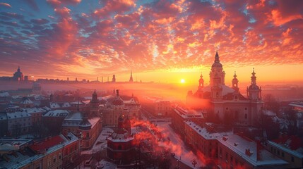 Breathtaking view of Lviv's old city at sunrise, featuring historic architecture under a vivid, colorful sky. This winter scene captures the city bathed in soft morning light. - obrazy, fototapety, plakaty