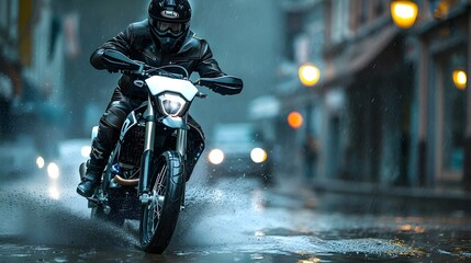 Night Ride: Lone Biker on Rainy Urban Road. Concept Night Ride, Lone Biker, Rainy Urban Road