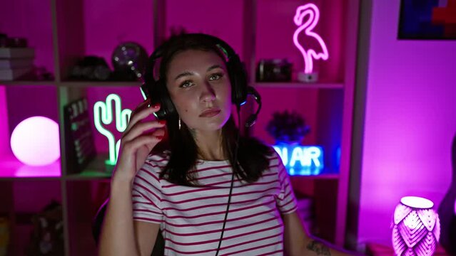 A young brunette woman wearing headphones in a neon-lit gaming room at night, portraying a modern home entertainment environment.