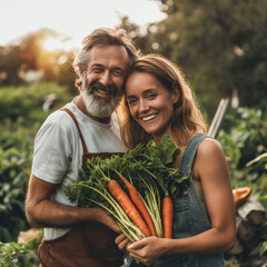 couple in the garden holding vegetables make with AI generate