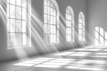 An empty room with tall arched windows casting long shadows on a wooden floor, evoking a feeling of serenity and space